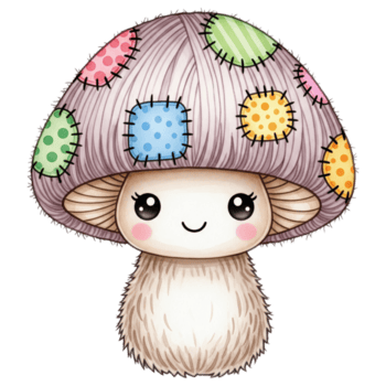ein wunderlich Illustration von ein lächelnd Pilz mit ein Patchwork Deckel, mit bunt Platz Patches und Sanft Texturen. png