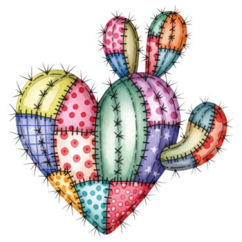 un artísticamente hecho a mano cactus cosido juntos desde vistoso tela parches, creando un único fusión de naturaleza y textil Arte. evoca un sentido de creatividad y alegría. png
