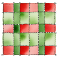 A vibrant watercolor-style patchwork quilt showcasing a blend of red and green hues, meticulously stitched together with detailed needlework. png