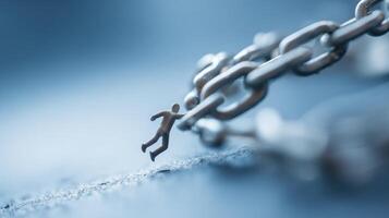 Miniature figure struggling with a chain photo