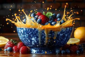 Refreshing Mixed Berry Splash with Citrus in Rustic Blue Bowl for Vibrant Home Decor photo