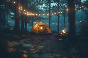 Enchanting Forest Camping Retreat with Illuminated Tent and Campfire Ambiance photo
