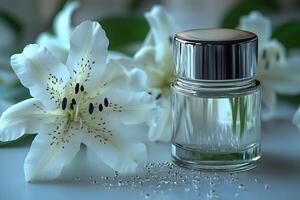 Elegant White Lily with Perfume Bottle for Aromatherapy and Luxury Branding photo