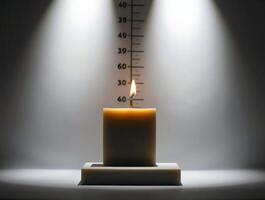 A lit candle is in front of a ruler photo
