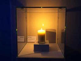 A candle is lit in a glass case photo