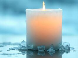 A candle is lit on a table with ice photo