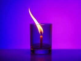 A lit candle in a glass with a purple background photo