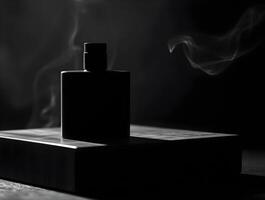 Mysterious Black Perfume Bottle with Elegant Smoke Trails Dark Minimalist Fragrance Concept photo
