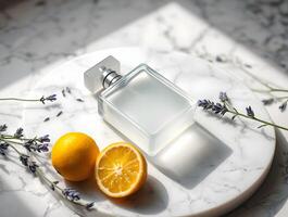 Luxury Perfume Bottle on Marble Citrus Lavender Scent Elegant Fragrance Presentation Minimalist Product Photography Aromatic Essence Refined Cosmetic Display Clean Beauty Aesthetic Spalike Ambiance photo