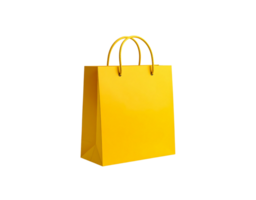 A vibrant yellow paper shopping bag with a glossy finish and matching rope handles standing upright. png
