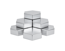 A geometric pyramid of six brushed silver hexagonal metal tins with lids. png