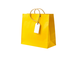 A vibrant yellow paper shopping bag with twisted rope handles and a blank white gift tag. png