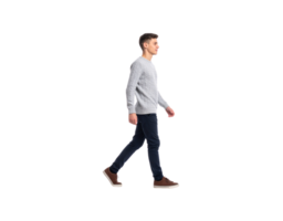Side profile of a young man in a grey cableknit sweater walking confidently. png
