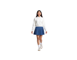 Happy Asian student in a white knit sweater and blue pleated skirt walking forward with a bright smile. png