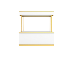Modern white and gold promotional exhibition booth with blank panels Front view of an elegant marketing stand for branding and events. png