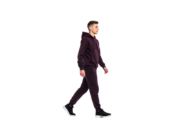 Fulllength side view of a young man walking in a stylish maroon hoodie and matching tracksuit pants. png