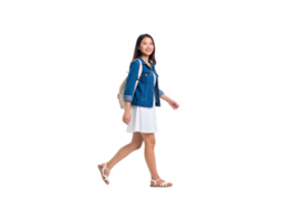 Smiling young Asian woman in a denim jacket and sundress walking with a white backpack. png