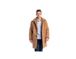 Confident young man in a stylish brown suede coat with a warm sherpa collar posing frontally. png