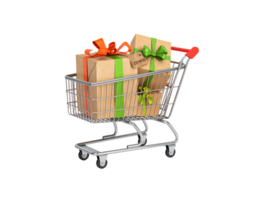 Miniature chrome shopping cart filled with kraft paper gifts tied with bright orange and green ribbons. png