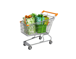 Metal shopping cart with an orange handle full of green patterned gift boxes with colorful ribbons. png