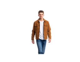 Confident young man in a brown corduroy jacket white tshirt and blue jeans walking forward with a direct gaze. png