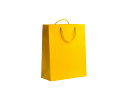 Vibrant yellow paper shopping bag with matching rope handles standing upright. png