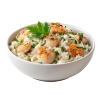 Delicious creamy risotto with grilled shrimp and scallops garnished with parsley in a white bowl png