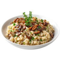 Delicious mushroom risotto in a white bowl garnished with fresh thyme a tasty Italian dish png