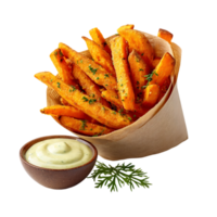 Sweet potato fries in a paper cone with creamy dip and herbs png