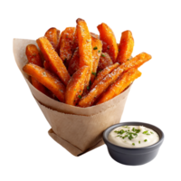 Sweet potato fries seasoned with herbs and a side of creamy dip png