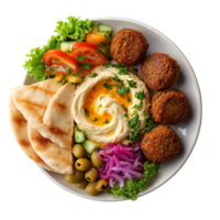 Delicious hummus bowl with falafel pita bread olives and fresh salad png