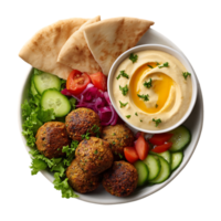 Falafel platter with hummus pita bread and fresh salad png