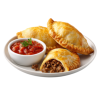 Delicious golden brown pastries filled with savory ground meat served with a side of vibrant red salsa png