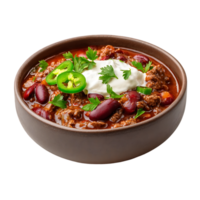Delicious chili bowl topped with sour cream and jalapenos a hearty meal png