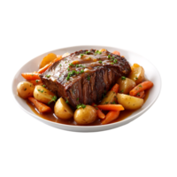Delicious pot roast served with carrots and potatoes in a rich gravy a hearty meal png
