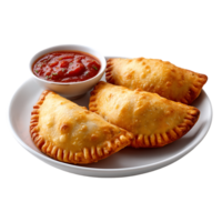 Delicious golden brown pastries served with a side of vibrant red sauce on a white plate png