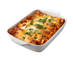 Delicious cheesy enchiladas in a white baking dish topped with fresh herbs ready to serve png