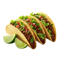 Three delicious tacos with seasoned ground beef lettuce tomatoes onions and cilantro served with lime wedges png