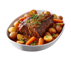 Roasted beef pot roast with carrots potatoes and herbs in a white bowl png