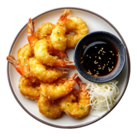 Crispy fried shrimp served with dipping sauce and shredded vegetables a delicious Asian meal png