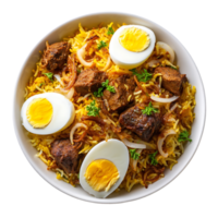 Delicious meat and egg biryani rice dish in a bowl png