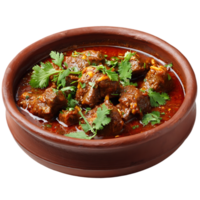 Spicy meat stew in a rustic bowl garnished with fresh herbs png