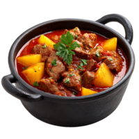 Delicious beef stew with potatoes in a dark pot garnished with parsley a hearty and flavorful meal png
