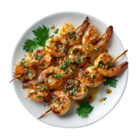 Grilled shrimp skewers with parsley and sauce on a white plate png