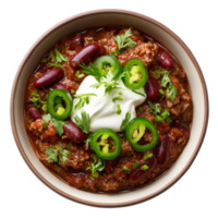 Hearty beef chili bowl topped with sour cream jalapenos and cilantro png