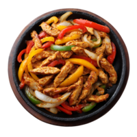 Sizzling chicken fajitas with bell peppers and onions in a hot skillet png