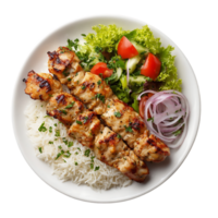 Grilled chicken skewers rice and fresh salad a delicious meal png