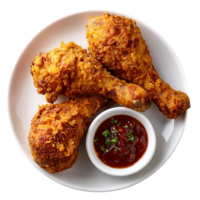 Crispy fried chicken drumsticks and dipping sauce on a plate png