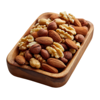 A wooden bowl filled with a mix of almonds walnuts and hazelnuts healthy snack food png