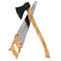 3d render axe and hand saw crossed with transparent background png
